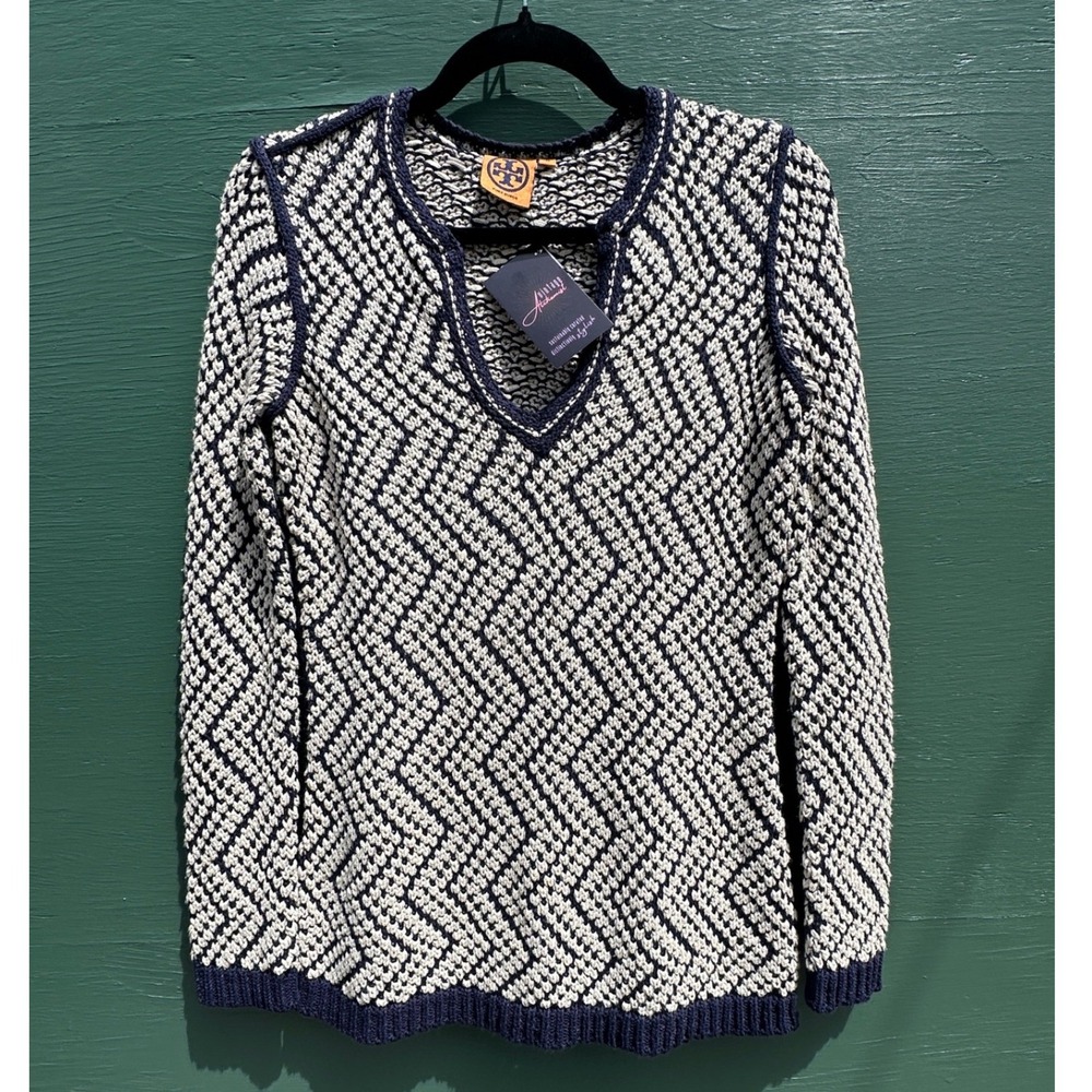 Tory Burch Navy Blue Cream Knit Tunic Sweater Summer Coastal Preppy Resort MM